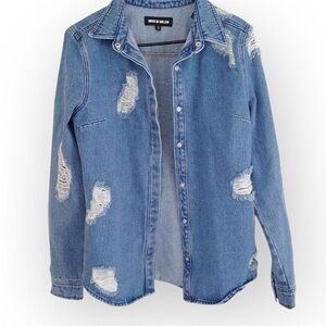 House of Holland distressed denim shacket, size 2 (XS), snaps